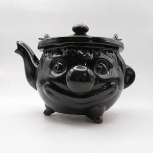 Vintage Thames Japan Clown Face Teapot Dark Brown Redware with Wire Handle